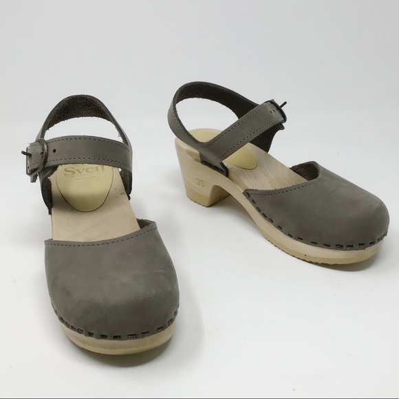 Sven Mary Jane Strap Mid Heel Wooden Wood Clogs Shoes Gray Taupe Swedish 35 5 - Picture 3 of 11